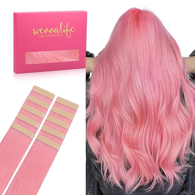WENNALIFE Tape in Hair Extensions, Human Hair Peach Pink, 10pcs 20g 10 inch Remy Invisible Tape, Straight Colored Soft Real Human Hair Refill Set