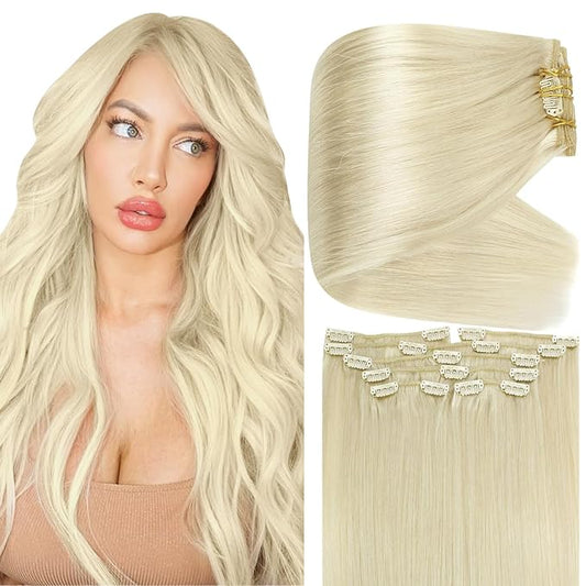 Full Shine Clip in Hair Extensions Blonde Real Hair Extension Platinum Blonde Hair Clip in Extensions Remy Thick Natural Straight Hair Add Extra Volume 18 Inch 7 Pcs 135 G