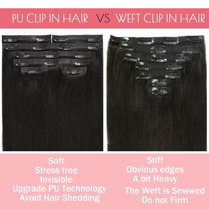 Loxxy Seamless Hair Extensions Clip in Human Hair For Women Ultra-Invisible PU Weft Clip On Hair Extensions Natural Black #1B Color 14inch 7 Pieces Thick Seamless Clip in Hair 110gram