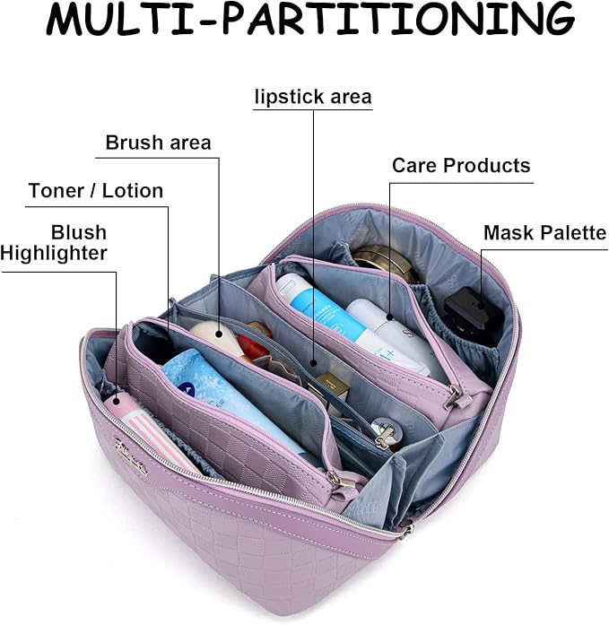 BOYATU Travel Makeup Bag Organizer Cosmetic Bag: 3 Pcs Set Make up Bags for Women with Handle - Waterproof Vegan Leather Toiletry Bags with Comparments (Purple)