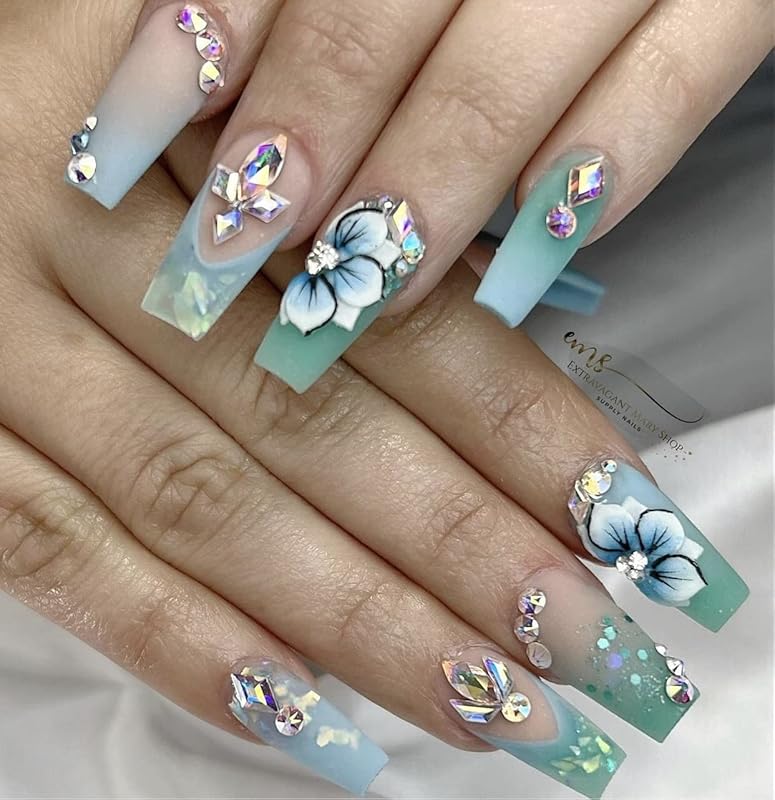 3D Acrylic Blue Flower Nail Art Charms Handmade by Acrylic Powder - 24pcs 3D Flowers For Nail Rhinestones Kit 3D Crystal Nail Pearls Design Acrylic Nail Art for Women (Blue)