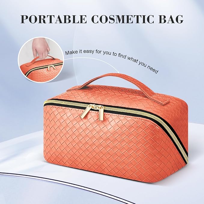 Travel Makeup Bag: Large Capacity Cosmetic Bag for Women, Portable PU Leather Waterproof Stuff Bag With Handle and Divider Flat Lay Makeup Pouch Toiletry Bag Birthday Gift for Women - Orange