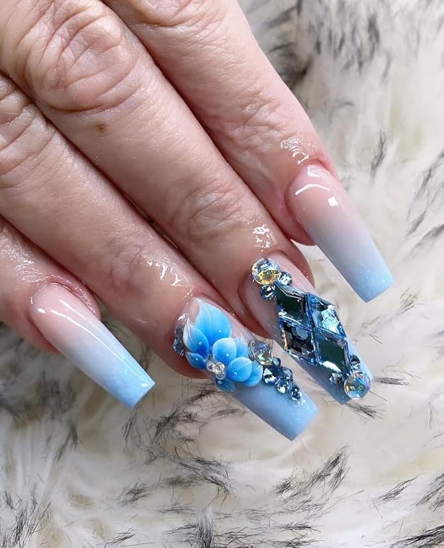 3D Acrylic Blue Flower Nail Art Charms Handmade by Acrylic Powder - 24pcs 3D Flowers For Nail Rhinestones Kit 3D Crystal Nail Pearls Design Acrylic Nail Art for Women (Blue)