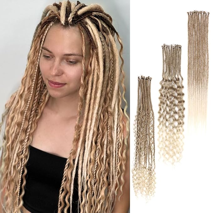 24 Inch 30 Strands SE Dreadlock Extensions Sets，3 In 1 Mixed Synthetic Dreads Extensions, Light Brown to Blonde Straight&Curly&Boho Handmade Dreads Hippie Style Dreadlocks for Woman