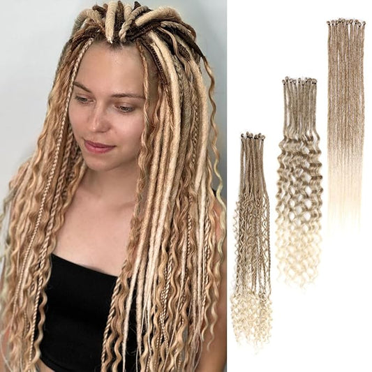 24 Inch 30 Strands SE Dreadlock Extensions Sets，3 In 1 Mixed Synthetic Dreads Extensions, Light Brown to Blonde Straight&Curly&Boho Handmade Dreads Hippie Style Dreadlocks for Woman