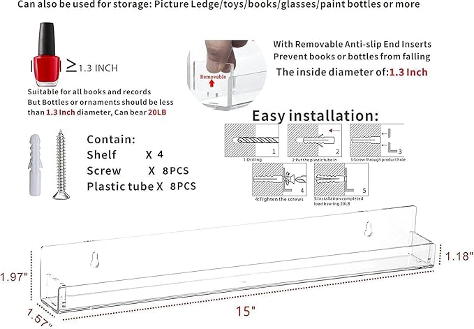 4PCS Hanging Nail Polish Rack Wall Mount Nail Polish Shelves Organizers and Storage for Nail Salon Clear Wall Essential Oil Shelf Gel Fingernail Polish Holder and Tattoo Studio Decor Paint Shelf
