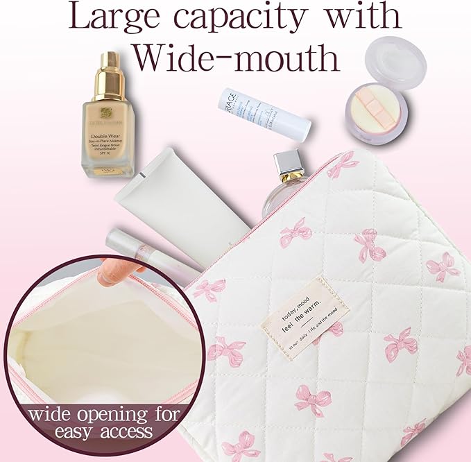 Makeup Bag, 3 PCS Quilted Makeup Bag, Cute Floral Cotton Cosmetic Bag set, Coquette Makeup Pouch Large Travel Toiletry Bag