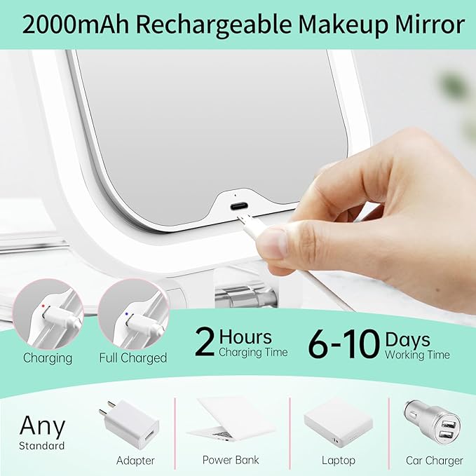 FASCINATE 10X Magnification Rechargeable Travel Makeup Mirror, Lighted Portable Vanity Mirror with 3 Colors Lighting & Stepless Dimming, Double Sided LED Mirror, Gift for Women (White+Bag)