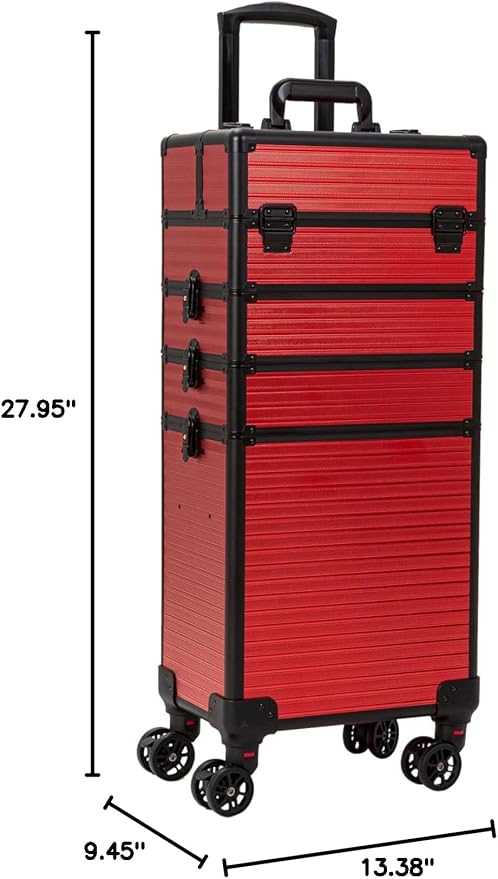 4 in 1 Portable Traveling Aluminum Professional Makeup Trolley Cart with Multiple-Sized Compartments and Wheels (Black with red)