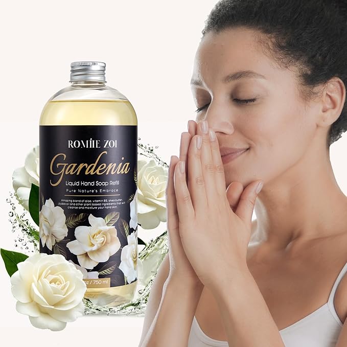 Hand Soap Refills, Gardenia Liquid Hand Soap, Large 750 ML / 26 FL OZ Bottles (Pack of 3), Gentle & Moisturizing Formula, Natural & Cruelty-Free for Kitchen & Bathroom Soap Dispensers