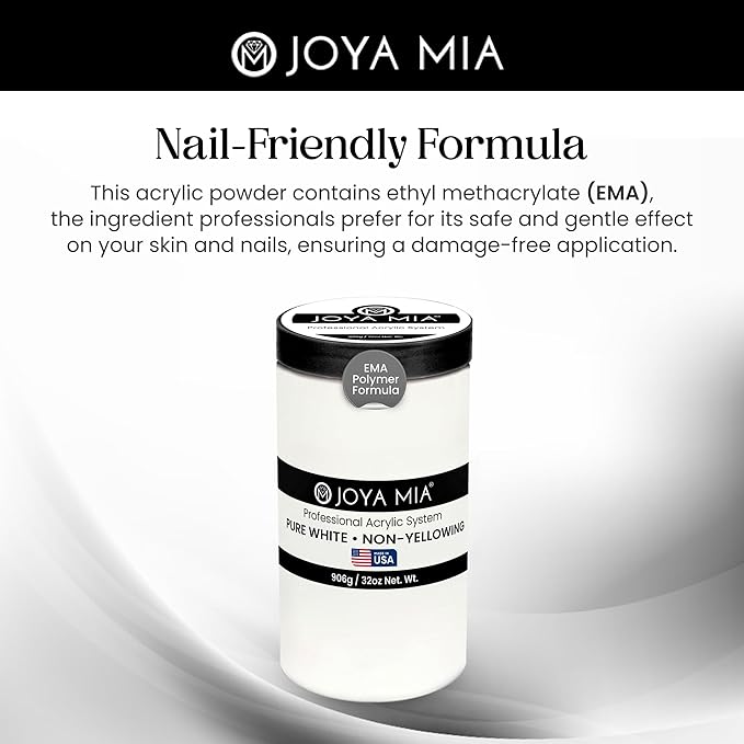 Joya Mia Acrylic Powder for Nails, MMA-Free, Super Adhesion Professional Powder for Flawless & Long-Lasting Nail Enhancements, Easy Application, Vibrant & Stunning Colors - Pure White, 32 oz
