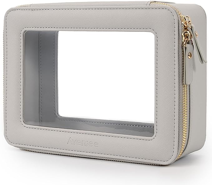 Aveniee Clear Makeup Bag for Women, Large Clear Cosmetic Bags Travel Toiletry Bag, Heavy Duty Makeup Organizer, Makeup Train Case with Clear Windows & Gold Zippers(Grey)