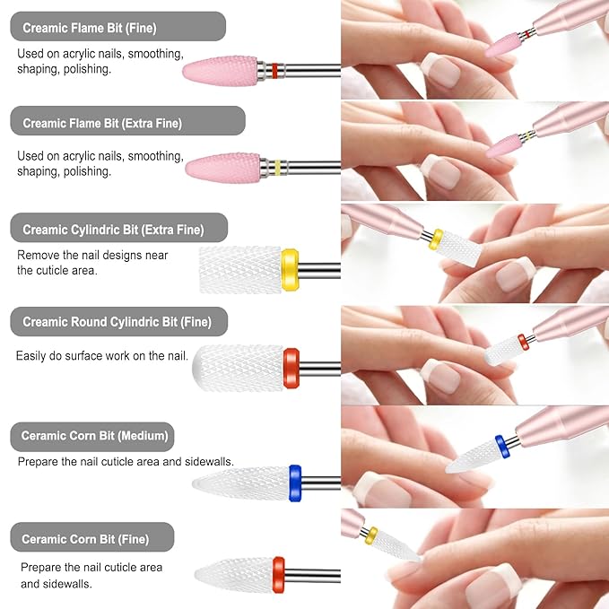 30Pcs Nail Drill Bits Set with Rhinestone Storage Box, 3/32 Inch Ceramic Diamond Carbide Nail Drill Bits for Acrylic Gel Polish, Cuticle Efile Remover for Manicure (Silver)