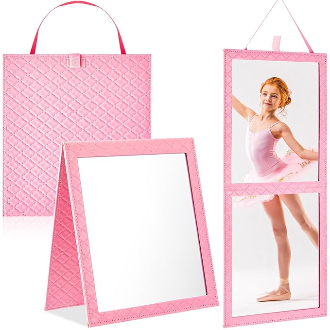 Foldable Backstage Mirror with Handle 24.61x 11.22 Inch Leather Folding Hanging Mirror Rectangular for Travel Dance Bag Home Fitness Spa Gift for Dancers(Pink)