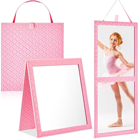Foldable Backstage Mirror with Handle 24.61x 11.22 Inch Leather Folding Hanging Mirror Rectangular for Travel Dance Bag Home Fitness Spa Gift for Dancers(Pink)