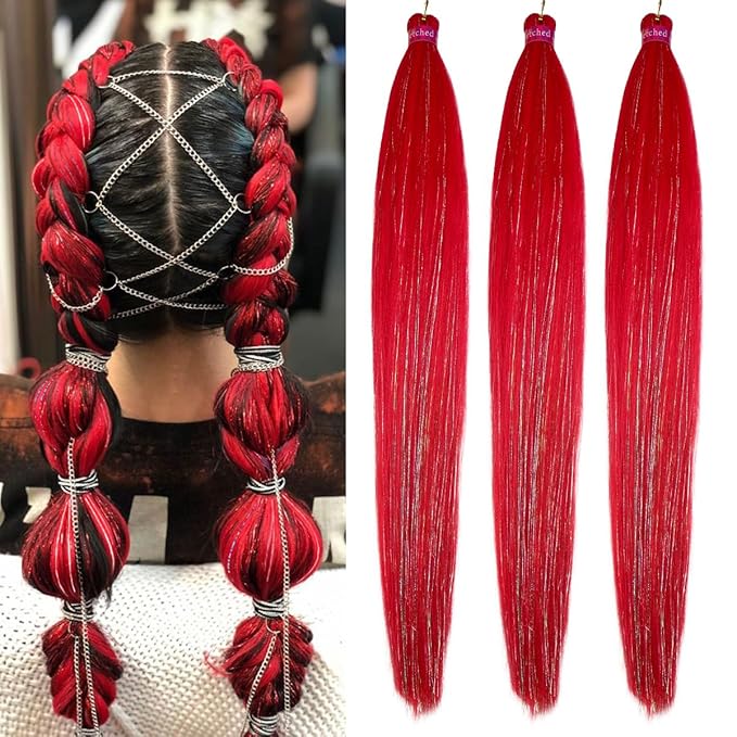 Upgraded Braiding Hair Extension Mix Tinsel, Pre Stretched Braiding Hair for Braiding Twist Braids Itch Free Hot Water Setting Yaki Straight Synthetic Hair (Rose red tinsel, 28 Inch (Pack of 3))