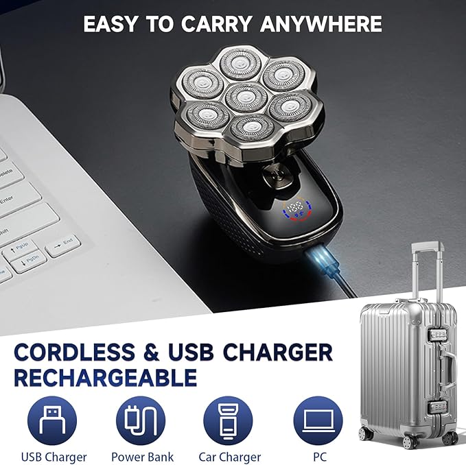 Electric Head Shaver for Bald Men, 5-in-1 Rotary Shaver for Bald Men, Waterproof Wet/Dry Grooming Kit Electric Shavers for Mens, Cordless Rechargeable 7D Bald Head Razor for Home&Travel 311 Black