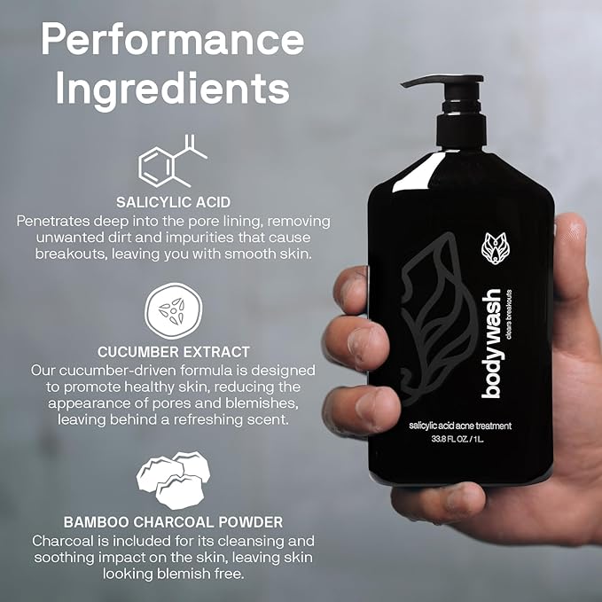 Black Wolf Charcoal Powder Body Wash for Men, 1 Liter - Charcoal Powder & Salicylic Acid Reduce Acne Breakouts & Cleanse Your Skin from Toxins & Impurities - Rich Lather for Full Coverage, Deep Clean