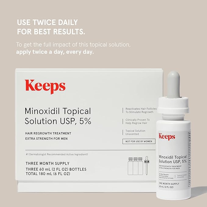 Keeps Extra Strength Minoxidil for Men Topical Hair Growth Serum, 5% Solution Hair Loss Treatment - 3 Month Supply (3 x 2oz Bottles with Dropper) - Slows Hair Loss & Promotes Thicker Hair Regrowth