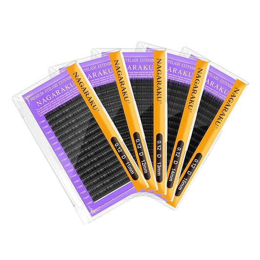 NAGARAKU 5 Trays Eyelash Extensions Individual Lashes 0.12mm D curl 11/12/13/14/15mm in 1 pack Classic Matte Black Natural Professional Faux Mink 16 rows