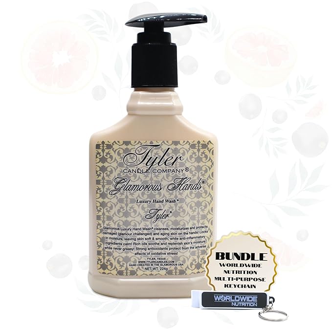 Worldwide Nutrition Bundle: Tyler`s Tyler Scent Glamorous Hand Wash - Scented Pump Bottles for Luxury Skin Care - 1 Pack, 8 Oz Moisturizing Hand Wash Soap with Multi-Purpose Key Chai