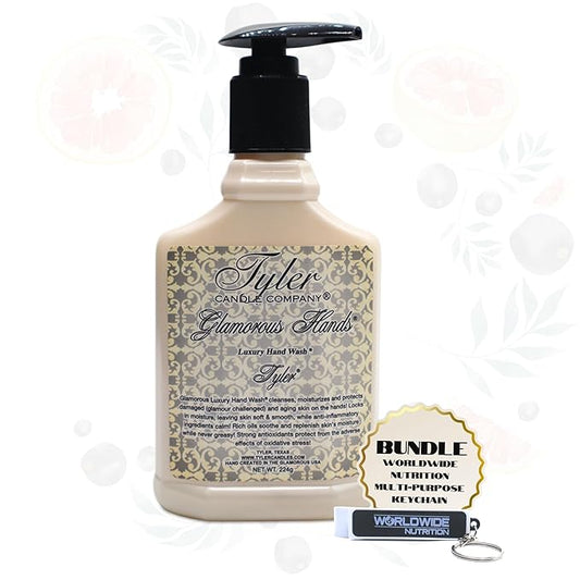 Worldwide Nutrition Bundle: Tyler`s Tyler Scent Glamorous Hand Wash - Scented Pump Bottles for Luxury Skin Care - 1 Pack, 8 Oz Moisturizing Hand Wash Soap with Multi-Purpose Key Chai
