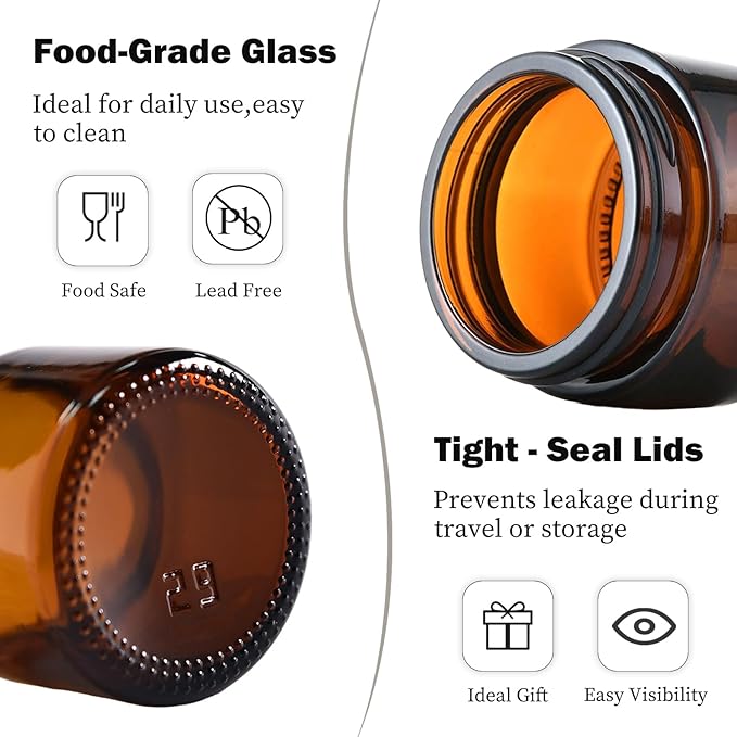 2 oz Amber Glass Jars with Lids,24 Pack 2oz Small Glass Jars with Inner Liners,2 Ounce Travel Jar for Cosmetics Container,Cream Lotion,Body Scrub
