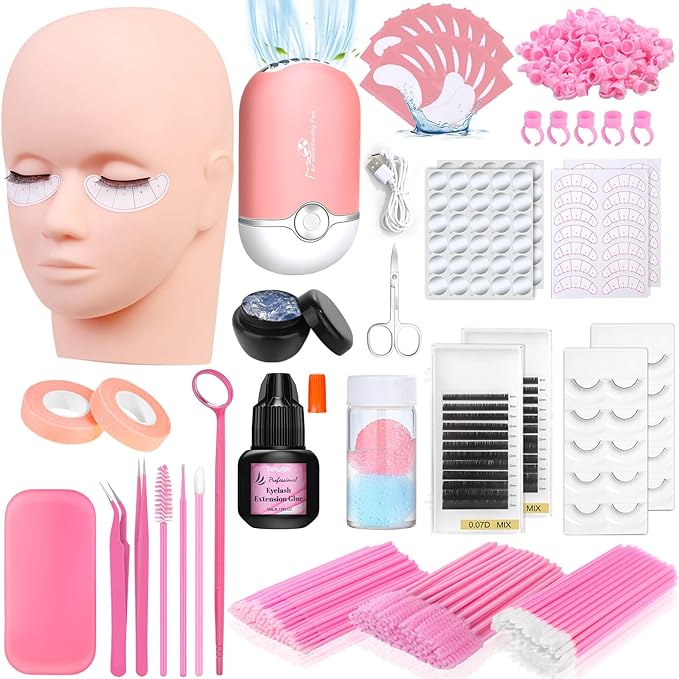 EyeLash Extension Kit for Beginners, Professional Lash EyeLash Extension Practice Kit with Everything, Mannequin Head, Eye Lashes Glue, Lash Kit for Eyelash Extensions Beginners Training