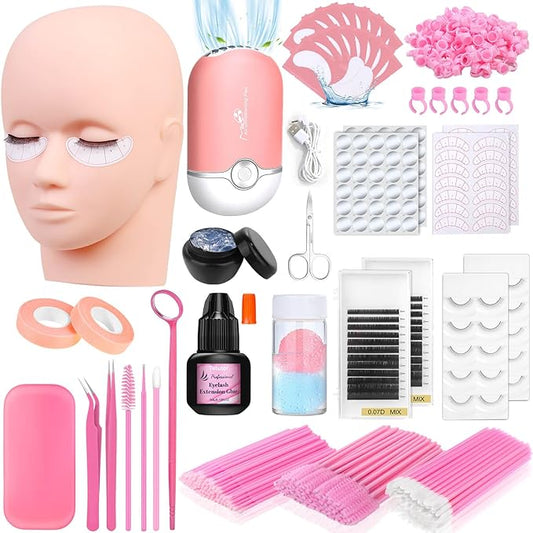 EyeLash Extension Kit for Beginners, Professional Lash EyeLash Extension Practice Kit with Everything, Mannequin Head, Eye Lashes Glue, Lash Kit for Eyelash Extensions Beginners Training
