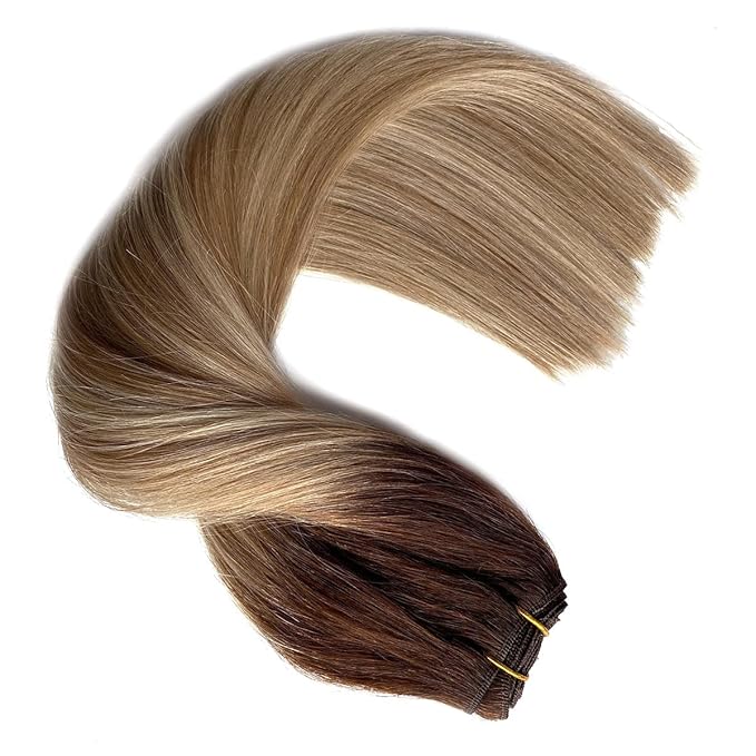 Sew in Hair Extensions Real Human Hair Bundles Ombre Brown Balayage Golden Blonde Weft, 20 Inch, 100G, Hand Tied for Women