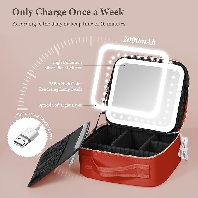 Travel Makeup Bag with LED Lighted Mirror, Cosmetic Makeup Organizer Bag with 3 Color Setting, Makeup Train Case with Adjustable Dividers for Women Makeup Brushes Jewelry Accessories