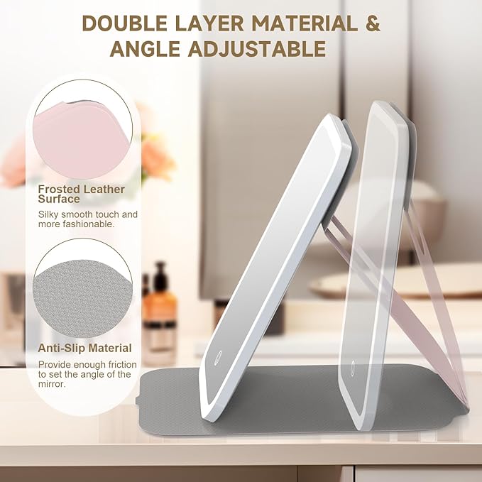 Mocado Travel Makeup Mirro with Lights, 360° Rotation Lighted Makeup Mirror, Portable Mirror with 10x Magnification, 60LEDs 3 Color Lightings, Dimmable Touch Screen, Tabletop Light up Mirror(Pink)