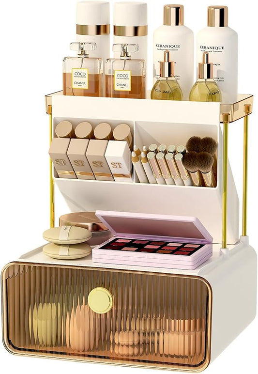 Makeup Organizer with Storage Drawer,Cosmetic Display with Lipsticks Brush Holder Perfume Tray,Organize Cosmetics and Beauty Supplies for Vanity,Dresser,Bathroom,Desktop Organizer,Amber