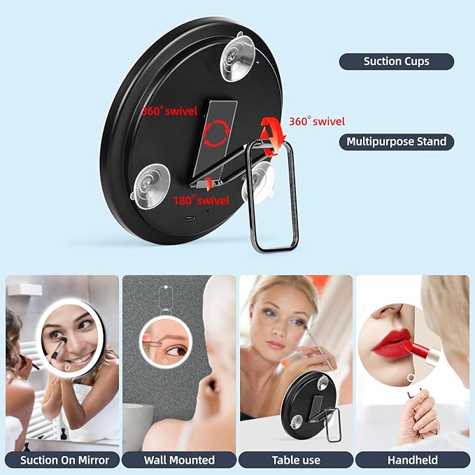 20X Magnifying Mirror with Light, Large 6'' Rechargeable 3 Colors Dimming Lighted Magnified Mirror with 3 Suction Cups and 360° Table Stand, Vanity Makeup Mirror with Tweezers & Scissors