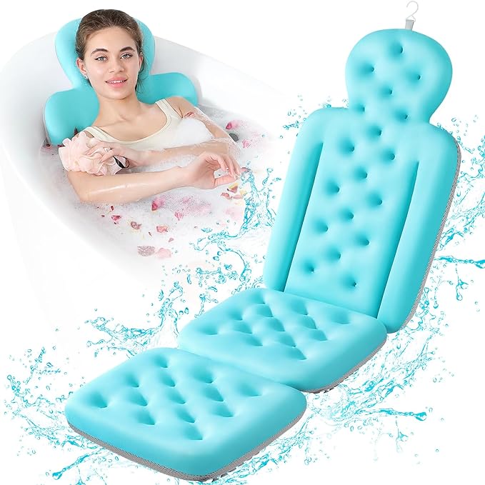Luxury Bath Cushion, Full Body Bathtub Pillow with 160 Suction Cups, Bath Mat for Head and Neck Support, with Laundry Bag (Blue, 51.2" x 16.2")