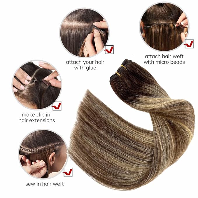 Sew in Weft Hair Extensions Real Human Hair - Brown Balayage Blond Highlights, 14 Inch 80G Remy Human Hair Bundles, Hand Tied Weft Extensions