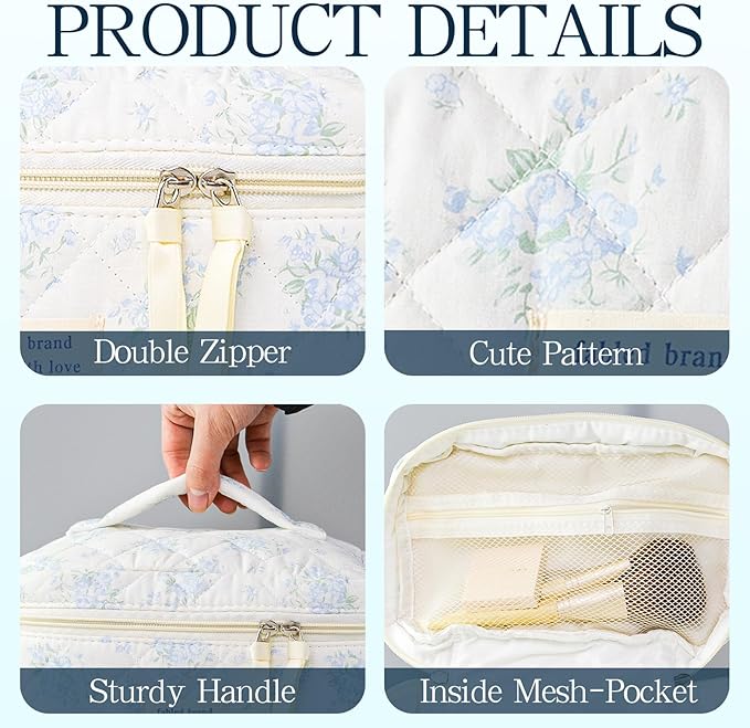 Makeup Bag, 3 PCS Quilted Makeup Bag, Cute Floral Cotton Cosmetic Bag set, Coquette Makeup Pouch Large Travel Toiletry Bag