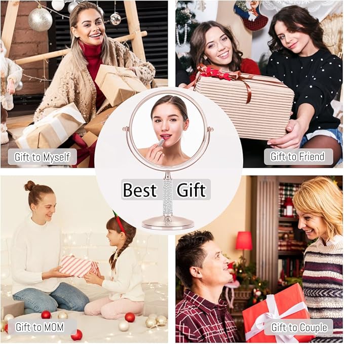 7"Rose Gold Glitter Diamond Rhinestone Makeup Mirror,360°Rotate Round Tabletop Vanity Mirror Double Sided 1X/10X HD Undistorted Magnifying Mirror,Portable Vanity Women Gift (No Lamp Rose Gold)