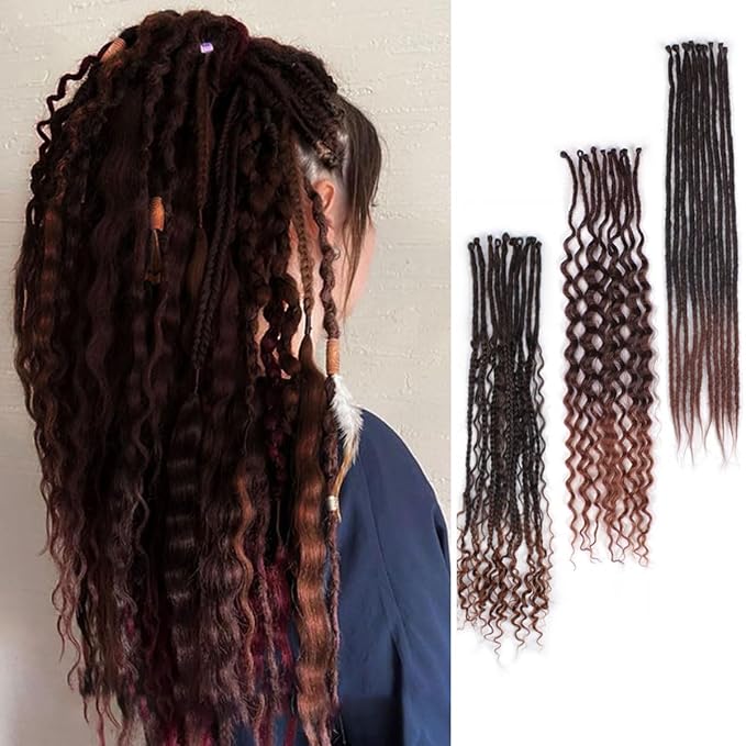 24 Inch 30 Strands SE Dreadlock Extensions Sets，3 In 1 Mixed Synthetic Dreads Extensions, Ombre Aubburn Straight&Curly&Boho Handmade Dreads Hippie Style Dreadlocks for Woman