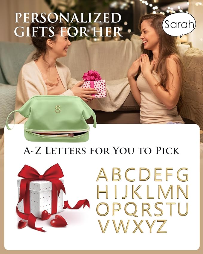 Monogrammed Gifts for Women, Initial Large Makeup Bag, Bride To Be Gifts, Double Layer Cosmetic Bag, Waterproof PU Travel Toiletry Bag for Bachelorette Party Women Wedding Bridal, Bride Gifts