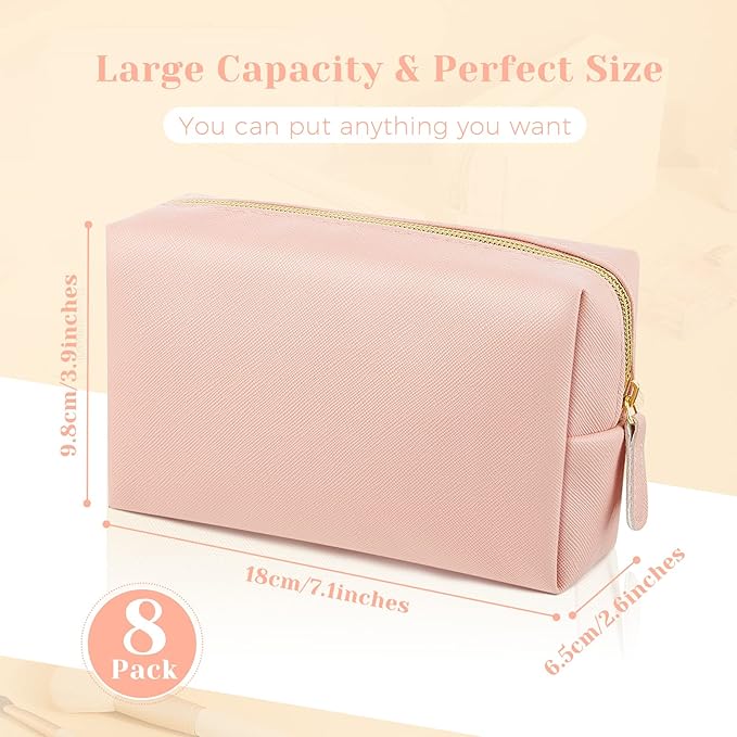 8 Pcs Makeup Bag Pu Leather Cosmetic Pouch Waterproof Small Toiletry Bag Portable Cosmetic Organizer Water Resistant Storage Purse for Lady Women Daily Storage Travel Organizer (Pink,Medium)