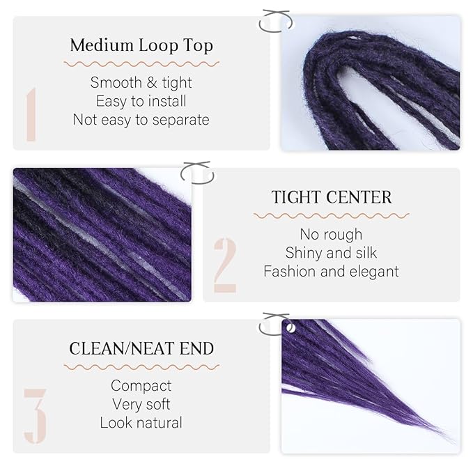 24 In Double Ended Dreadlock Extensions, Ombre Purple 10 Strands Thin 0.6cm Width Synthetic DE Dreads Extensions, 100% Handmade Dreads Hippie Style Dreadlocks for Woman