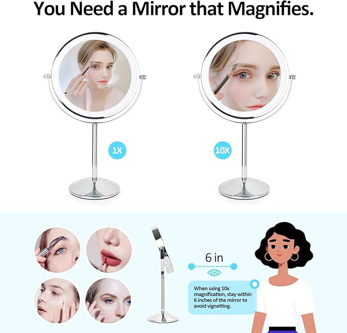 8" Makeup Mirror with Lights, Rechargeable 1x/10x Magnifying Mirror with 3 Colors, 360° Rotation Double Sided Rechargeable Desk Cosmetic Mirror, Touch Dimming LED Lighted Makeup Mirror