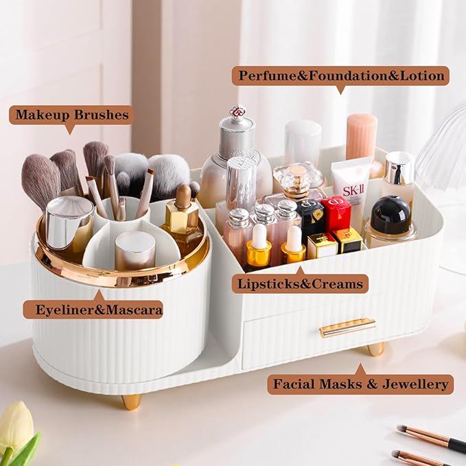 Rotating Makeup Organizer for Vanity with Brush Holder and Drawer, Cosmetic Makeup Storage, Large Spinning Makeup Skincare Organizer, Countertop Makeup Perfume Organizer, Lotions Display Case (White)