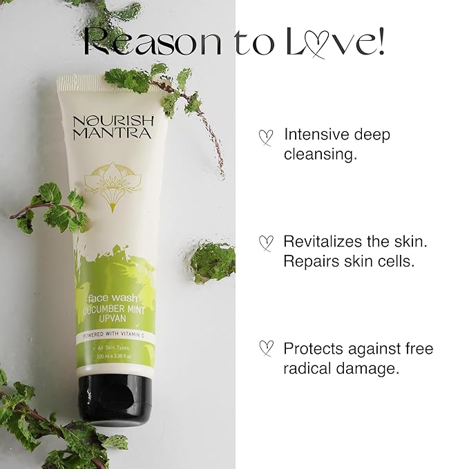 NOURISH MANTRA - Cucumber Mint Upvan Face Wash | Powered with Vitamin C, Cucumber, and Niacinamide | Face Wash For All Skin Types | Paraben & SLS, SLES Free | Vegan & Cruelty-Free | 100 ml