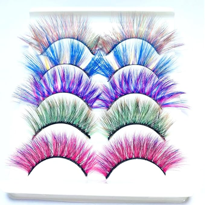 Sunniess Ombre Colored Lashes Silk Protein Fluffy Wispy Volume Fake Lashes for Halloweens Cosplay Party Stage Russian D Curl Lashes with Color Make up Faux Mink False Eyelashes