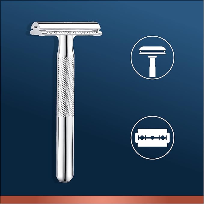 King C. Gillette Double Edge Safety Razor for Men, 5 Platinum Coated Double Edge Razor Blades, Gifts for Men