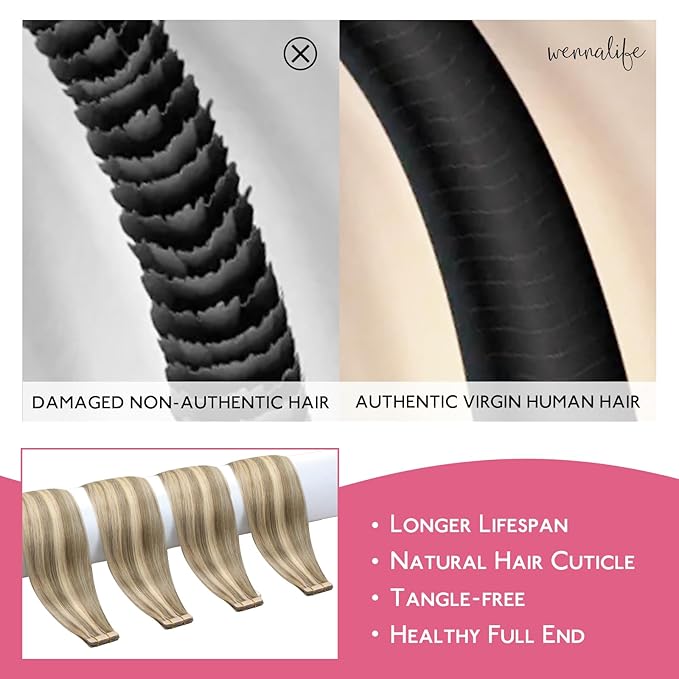 WENNALIFE Tape in Hair Extensions Human Hair Ash Brown Highlighted Golden Blonde Tape in Extensions, 10pcs 20g 12 inch Remy Invisible Tape Ins Straight Colored Soft Tape in Extensions Refill Set