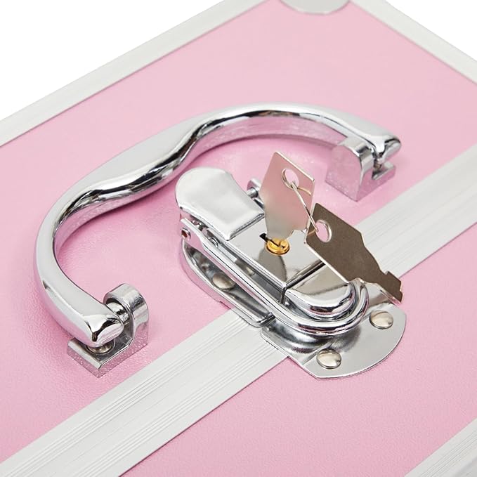 Pink Makeup Train Case with Lock and 2 Keys, 3-Tier Cosmetic Storage Box