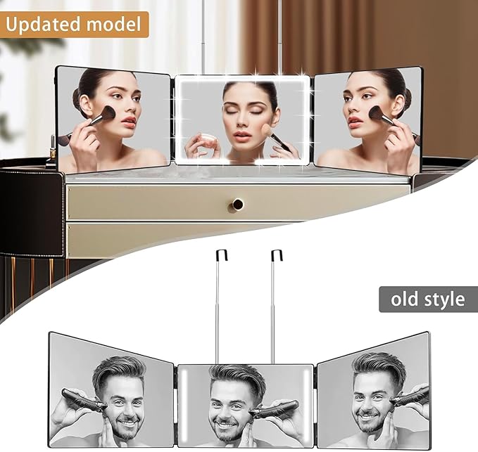 JANMPASK LED 3 Way Mirror for Hair Cutting, Adjustable 360 Trifold Barber Mirror Self Hair Cutting with 3 Color Temps LED Light & Telescoping Hooks for Makeup, Shaving & Styling